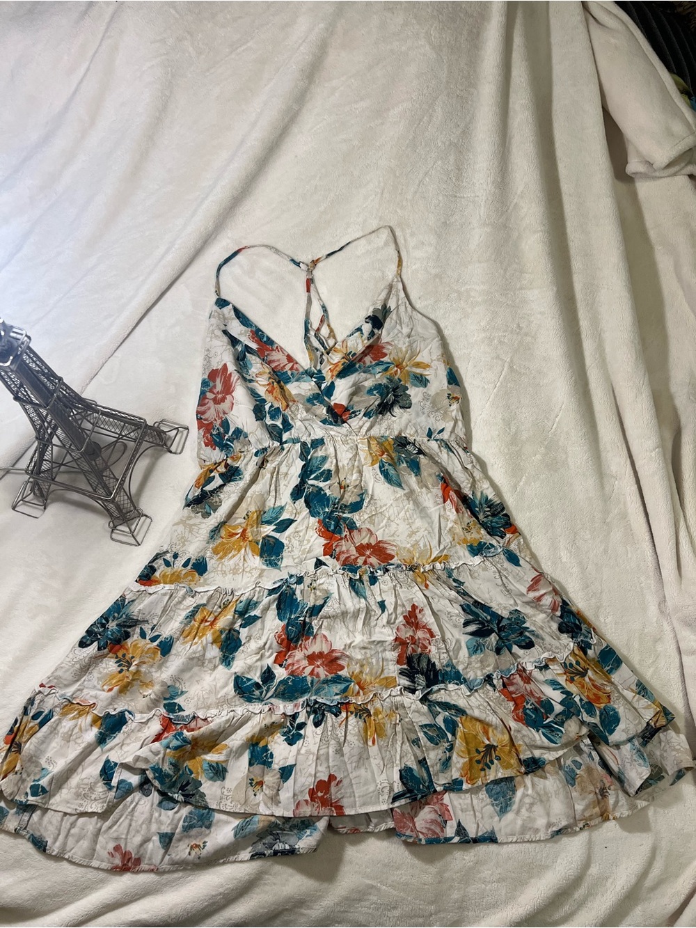 Maurices White Floral Midi Dress with Teal, Mustard & Coral Blooms